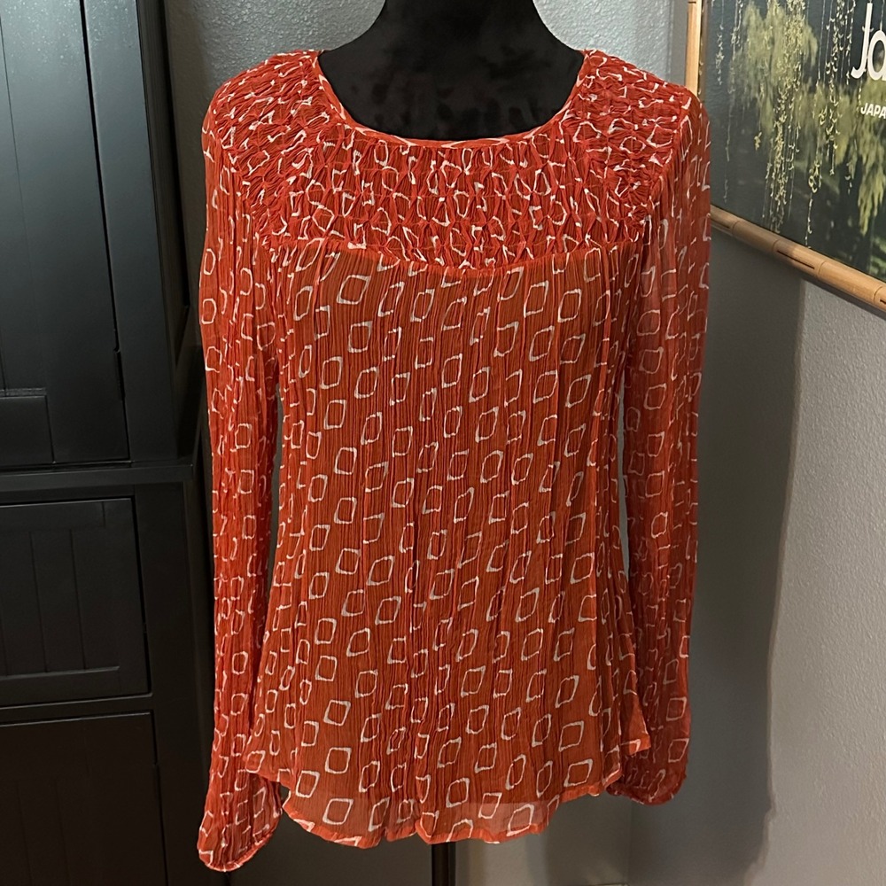 Lucky Brand Sheer Blouse Medium Boho Peasant Womens Orange Smocked Festival Top
